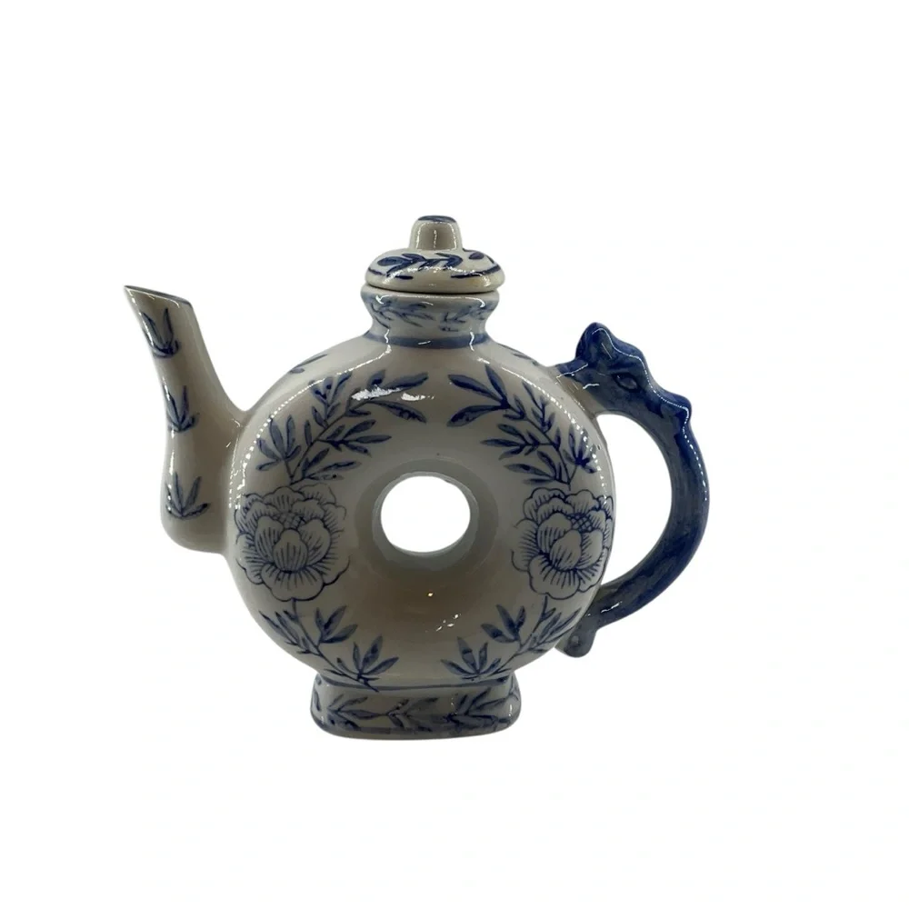 DONUT Shaped Teapot Chinoiserie Floral White Blue